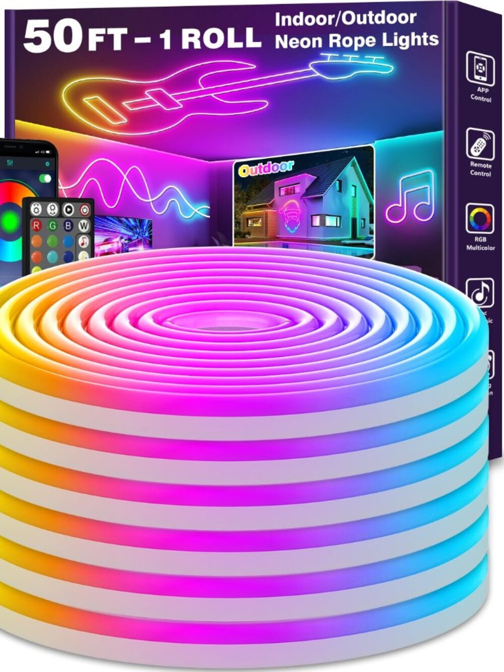 NEW 50Ft Neon Rope Lights Flexible Led Control with App / Remote Multiple Modes